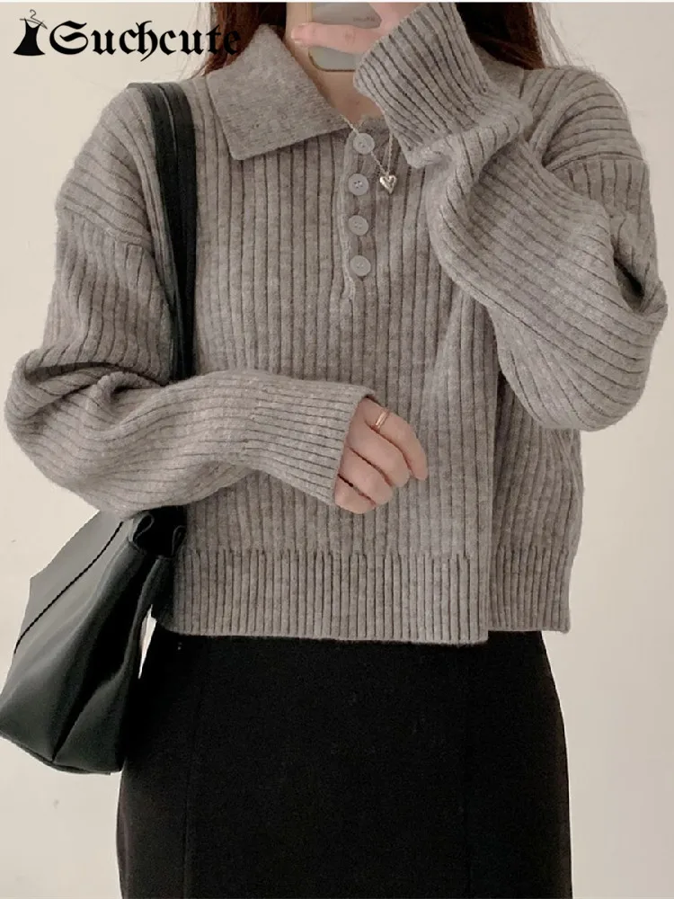 

Корейский модный однотонный свитер, женский свитер на пуговицах с отворотом и длинным рукавом, свободная повседневная Уличная одежда, осен...