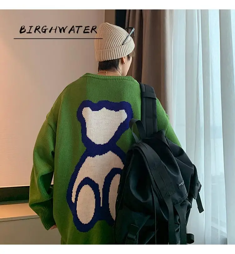 

Cartoon Bear Sweater Men Winter Thick Warm O neck Knitted Sweaters Loose High Street Pullover Green Knitwear Sweater Men