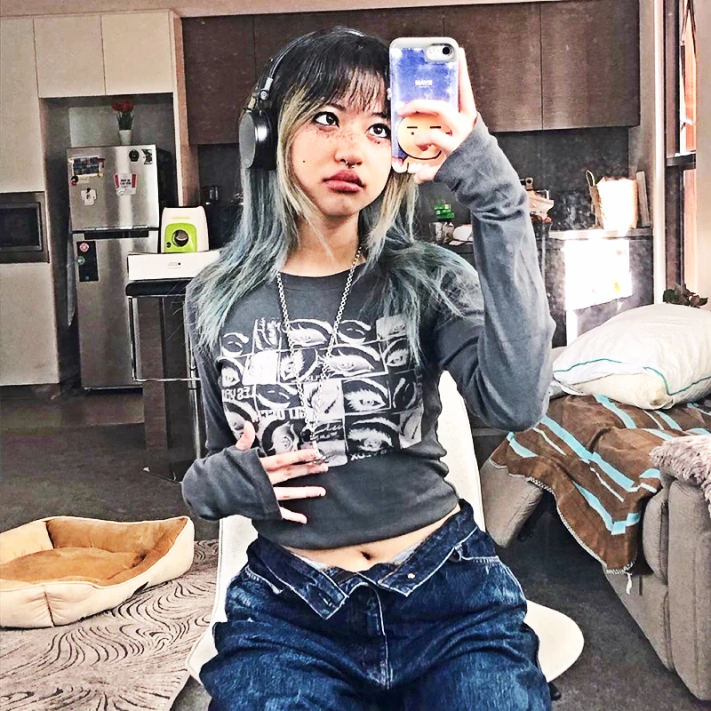 

Women Retroprint Tops Fairy Graphic Spring t Shirts Vintage Indie Aesthetic Clothes Cyber Y2k Slim Long Sleeve Topwomen T-shirt