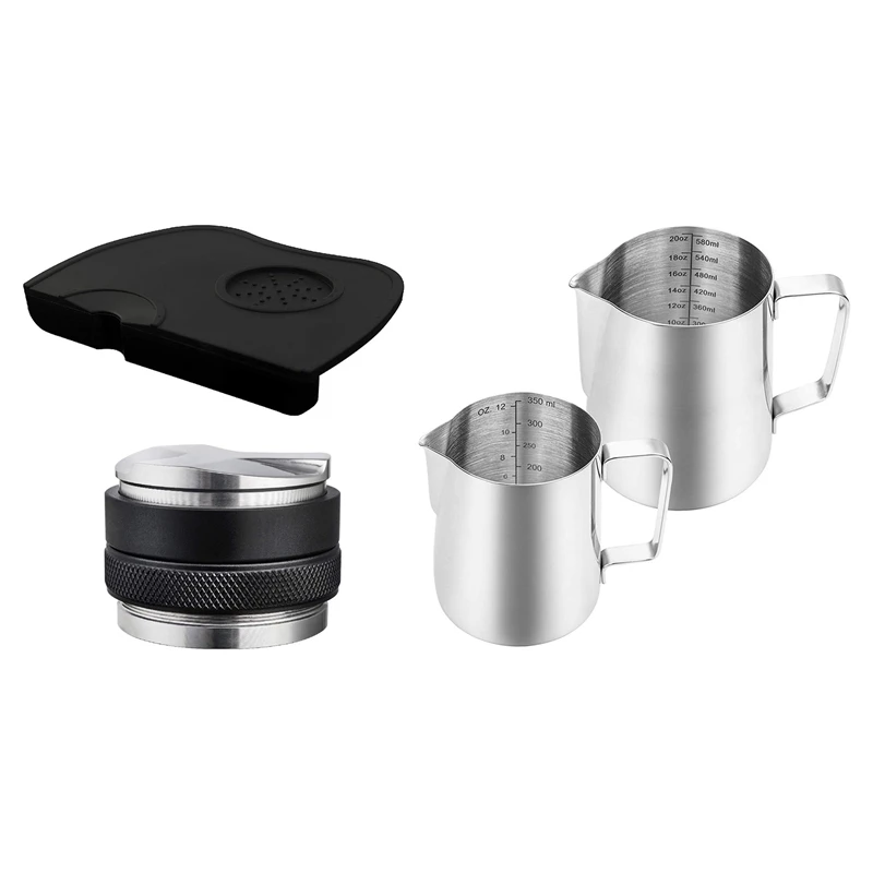 

1 Pcs 58Mm Coffee Distributor Tamper, Coffee Tamper Mat & 2 Pcs Milk Frothing Pitcher, 12Oz 20Oz Pull Flower Cup