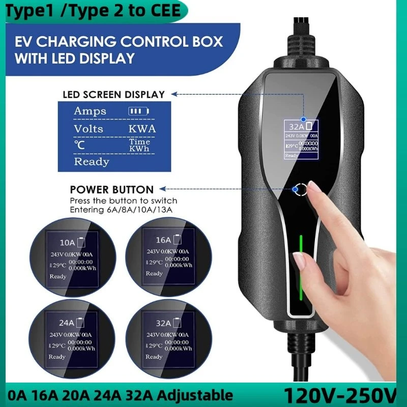

Портативное зарядное устройство для электромобиля, зарядное устройство для электромобиля, тип 1, Тип 2, вилка CEE, 220-240 В, автомобильный зарядный кабель 62196-2 J1772