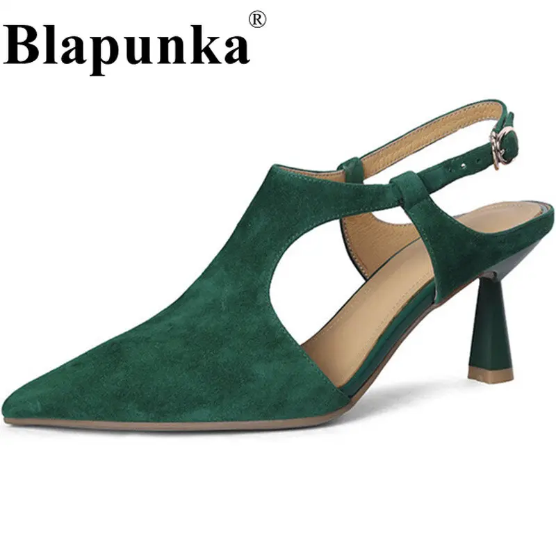 

Blapunka Women Sheep Suede Thin High Heeled Sandals Elegant Pointy Toe Slingback Buckle Pumps Ladies Spring Summer Shoes Size 40