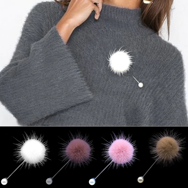 

2019 New Cute Charm Simulated Pearl Brooch Pins For Women Korean Fur Ball Piercing Lapel Brooches Collar Jewelry Gift Kids Girls