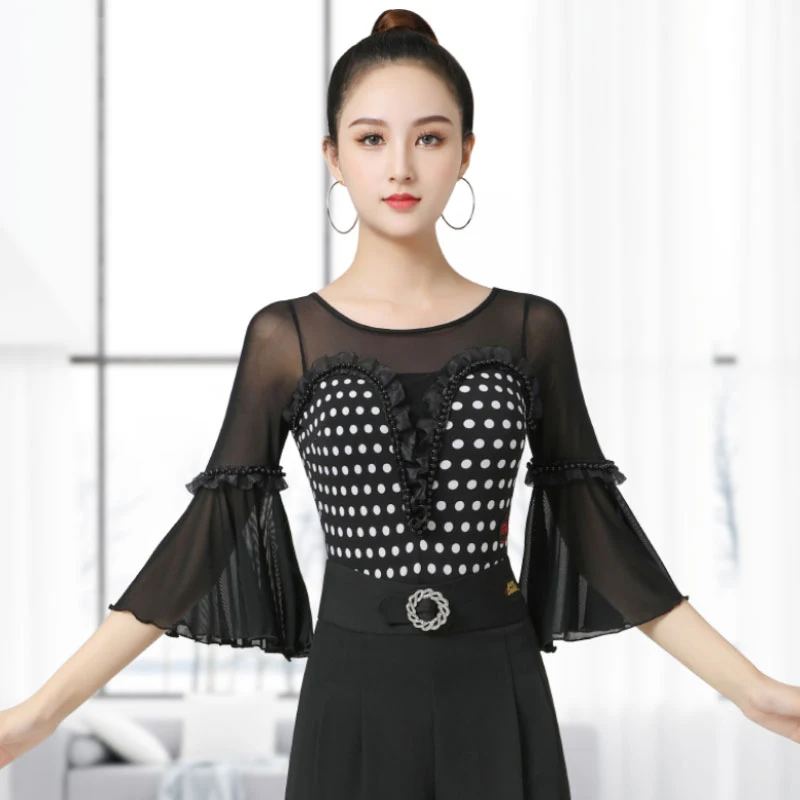 

Summer Women Trumpet Mid Sleeves Ladies Modern Dancing Top Adults Latin Tango Ballroom Dance Clothing Waltz Practice Tops SL7130