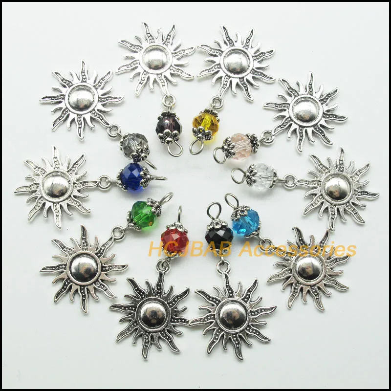

10Pcs Mixed Round Crystal Antique Silver Color Sun Firewheel Charms Pendants 25x28mm