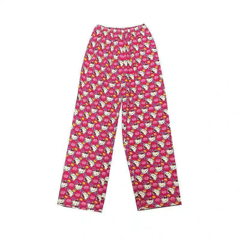 Y2k Sanrio Hello Kitty Trousers Women New Wide Leg Pant Lovely Loose High Waist Casual Thin Pants Aesthetic Traf Fashion Printed images - 6
