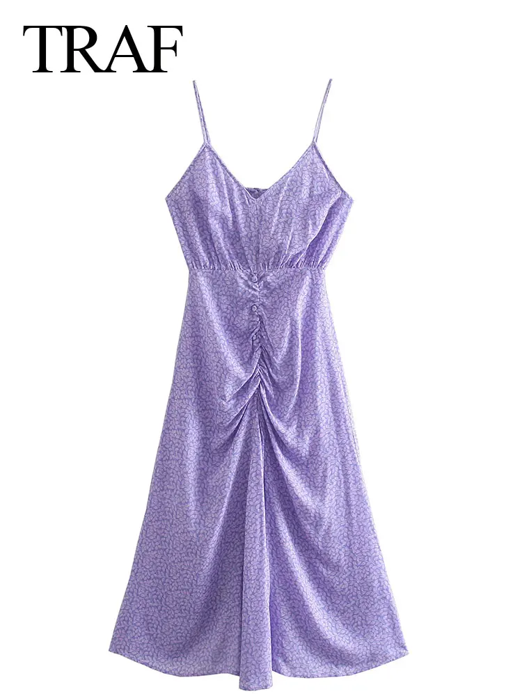 

TRAF 2022 Elegant Women Sling Dress Printed Purple V-neck Tube Top Backless Button Pleated Long Dress Seaside Beach Summer Wear