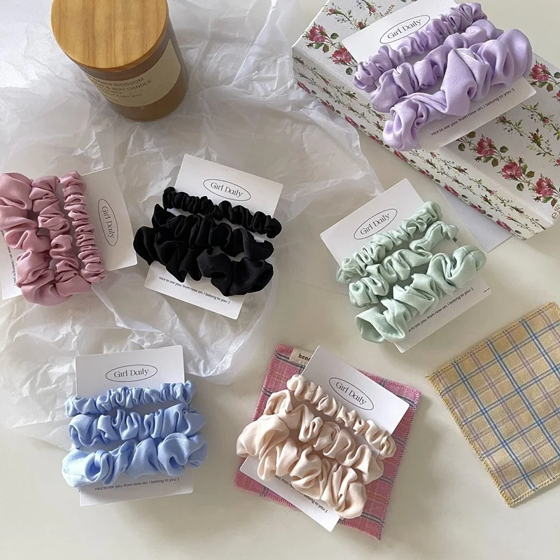 

3pcs/set Women Silk Hair Scrunchies Pack Vintage Solid Color French Style Chouchou Satin Wholesale 3 Size Smooth Silk Hair Ties