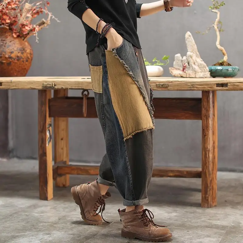 DEEPTOWN Baggy Patchwork Jeans Men Loose Casual Denim Pants Streetwear Hip Hop Black Trousers Male Vintage High Street Spring