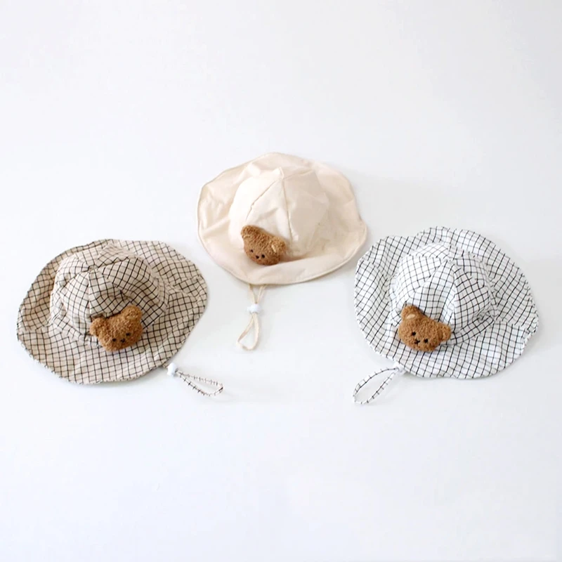 

Fashion Baby Boys Girls Cartoon Bear Adjustable Kids Hats Plaid Style Summer Beach Travel Accessories for Babies 8 Month-3 Y