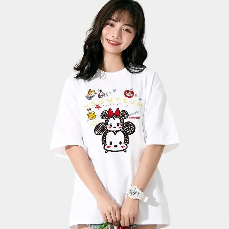 Kawaii Disney Anime Mickey Mouse Pooh Bear Minnie Mouse Summer Cotton Style Short-Sleeved Girls Go Out All-Match T-Shirt Tops
