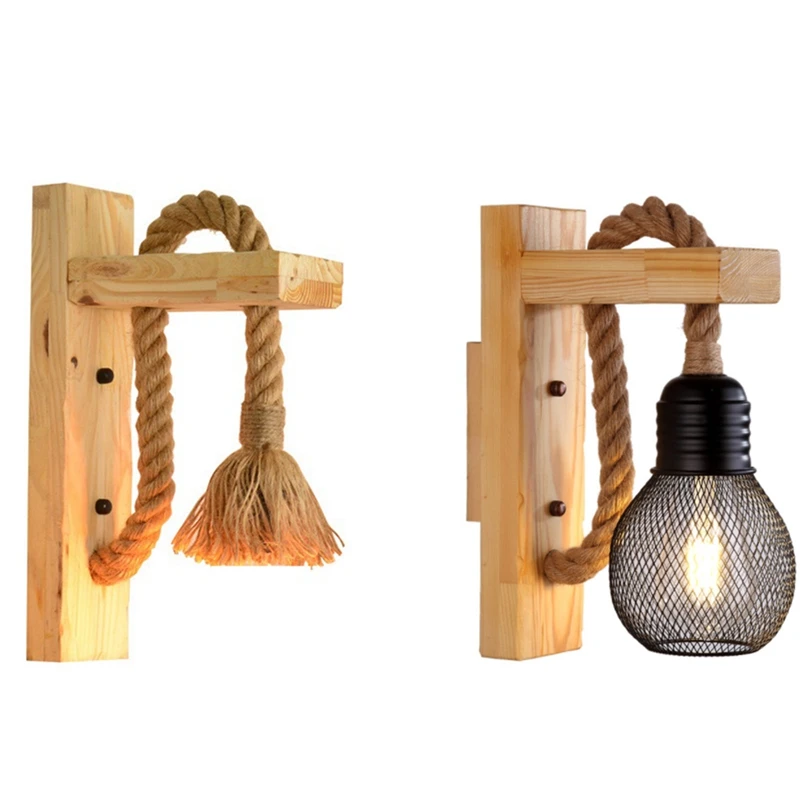 

Vintage Wood Hemp Rope Wall Lamps Fixture Retro Hallway Bedside Loft Light Luminaire Industrial Decor Lighting Wooden