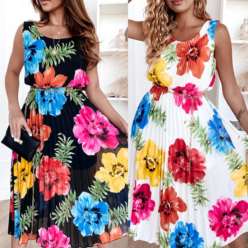 

2023 Hot Sale summer new short sleeve crimp print dress