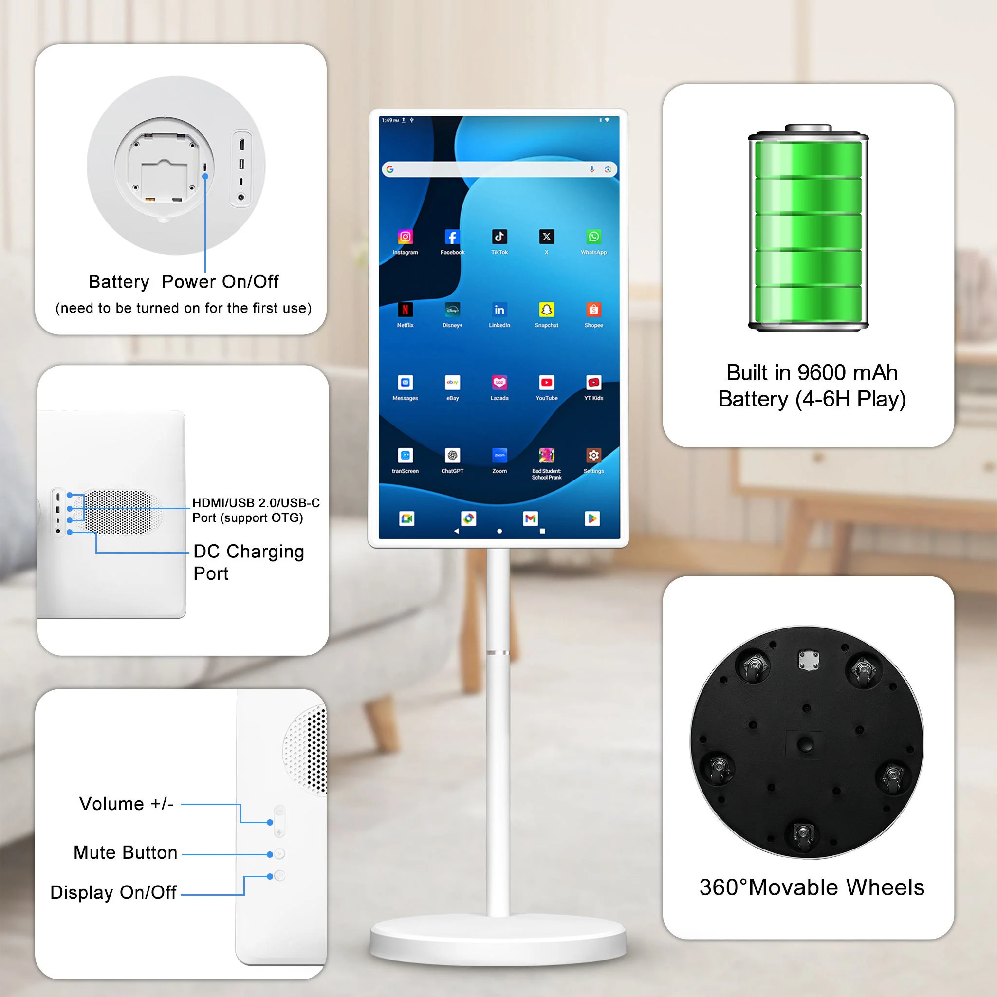 Фото 32-дюймовый Android 15 Smart TV, напольная подставка для планшета 6G+128G с пультом дистанционного управления, видеозвонок с камерой 2K, встроенный аккумулятор емкостью 148 Вт №4