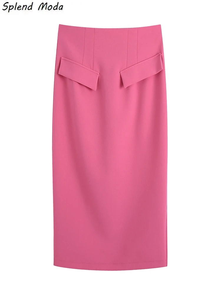 

Splend Moda Spring Autumn New Fashion Vintage Office Lady High Waist Fake Pocket A-Straight Solid Color Back Split Skirt Women