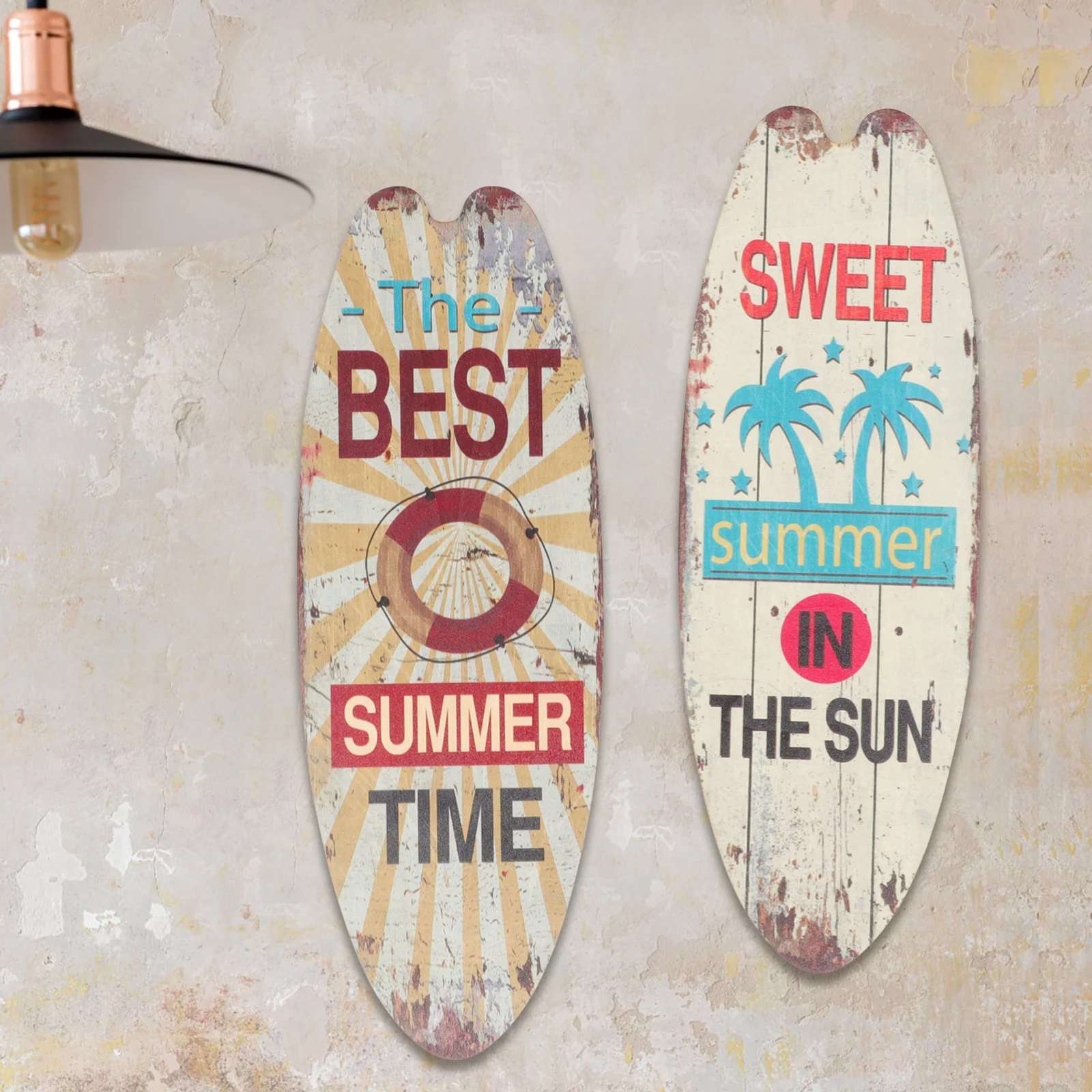 

2 Pcs Vintage Decor Home Wooden Surfboard Hanging Sign Indoor Decoration Decorative Wall Ornament Poster Plaque Vacation