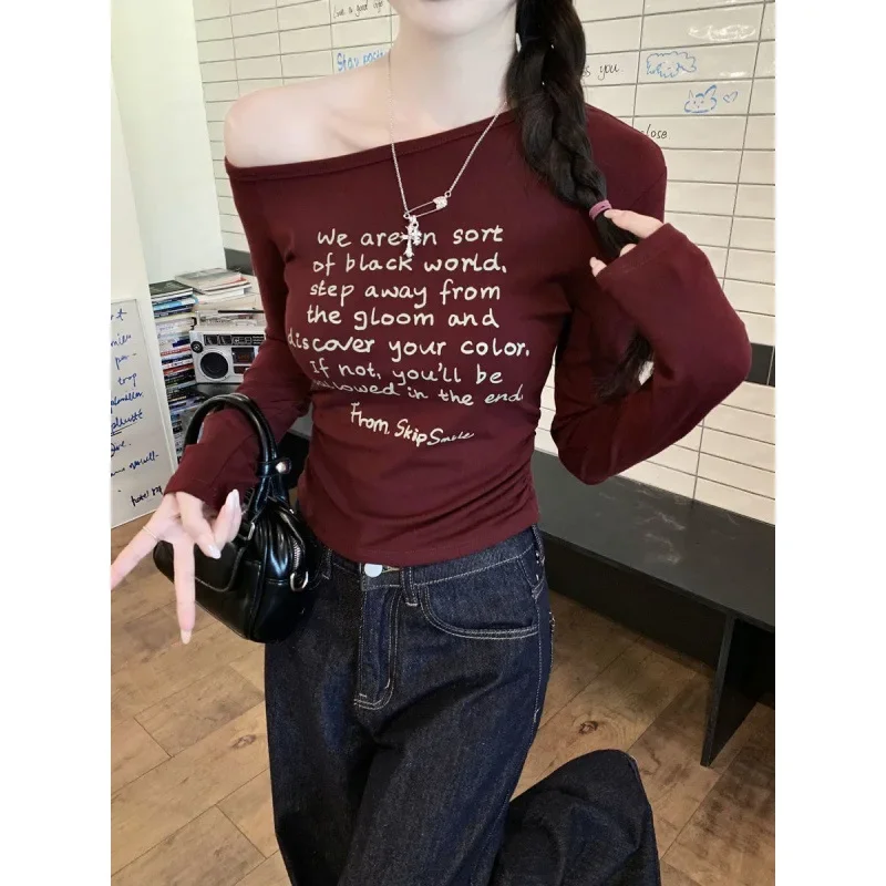 Женская ранняя осень новая футболка с буквенным принтом облегающая талию