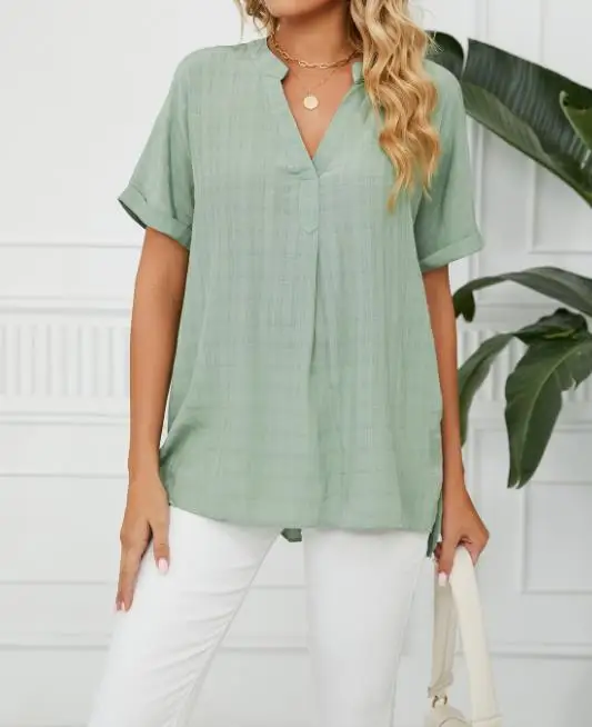 

Ice Silk Big Wrinkle Top Summer New Urban Style V-Neck Casual Pullover Solid Color Ruffle Leaf Sleeve Loose Shirt Top for Women