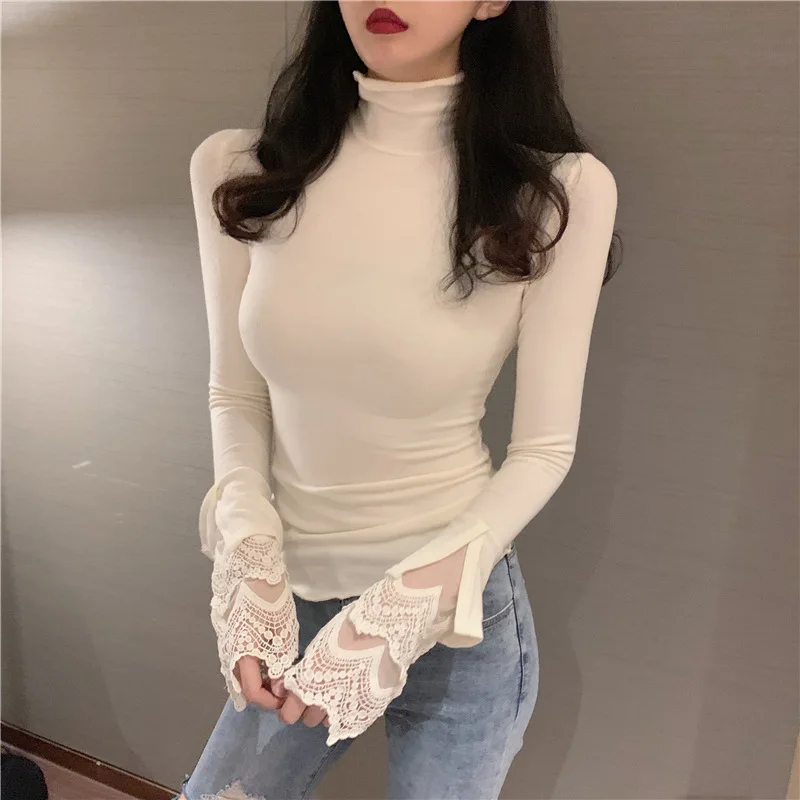 

Women's casual autumn new style delicate lace splicing cuffs high collar long sleeve slim bottoming shirt top