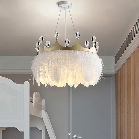 Скандинавская креативная светодиодная люстра с перьями для гостиной, спальни, романтическая Корона из страусиных волос, домашнее теплое украшение, Подвесная лампа