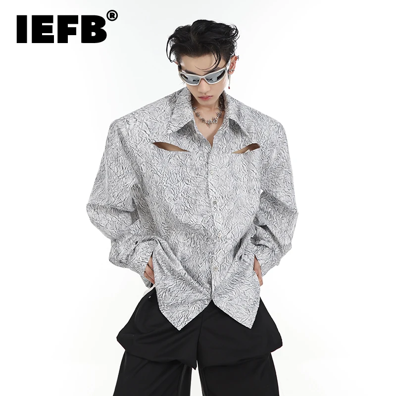 

IEFB Fashion Male Hollow Out Shirts Niche Threedimensional Texture Shoulder Pad Tops Fashion Men Printing Long Sleeve Tops 9C325