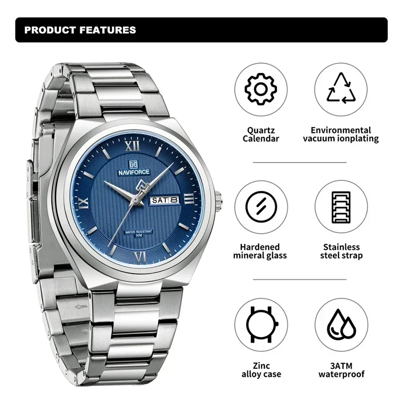 Часы наручные NAVIFORCE Мужские кварцевые модные деловые с стальным браслетом