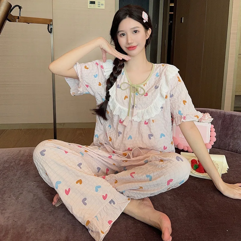 Пижама женская Новинка лета 2024 Длинные хлопковые брюки с коротким рукавом