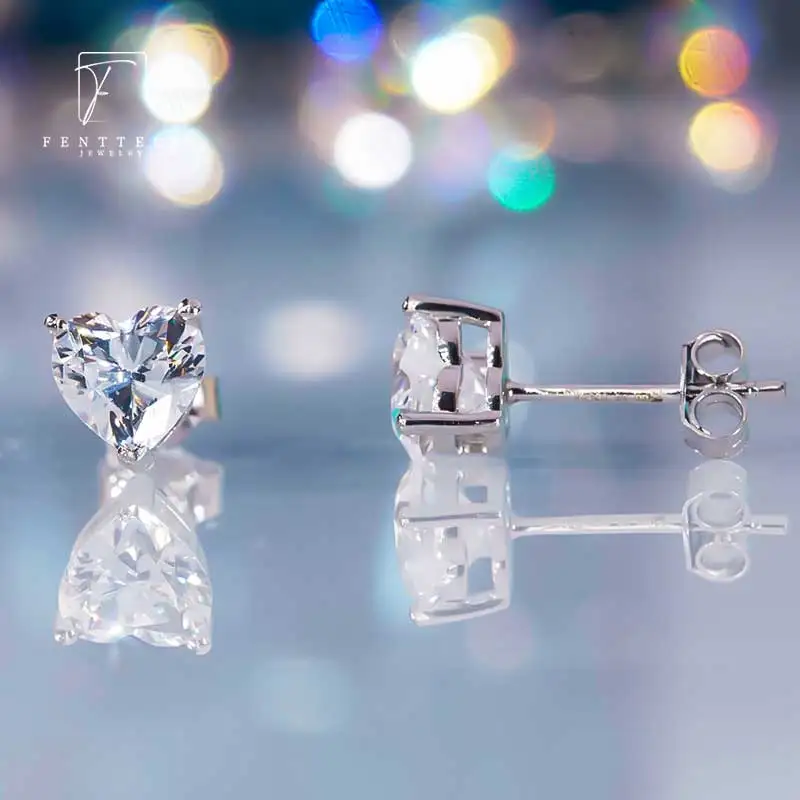 FENTTECI S925 Sterling Silver Real Moissanite Diamond Stud Earrings Heart Shaped for Women Jewelry Wedding Engagement With GRA