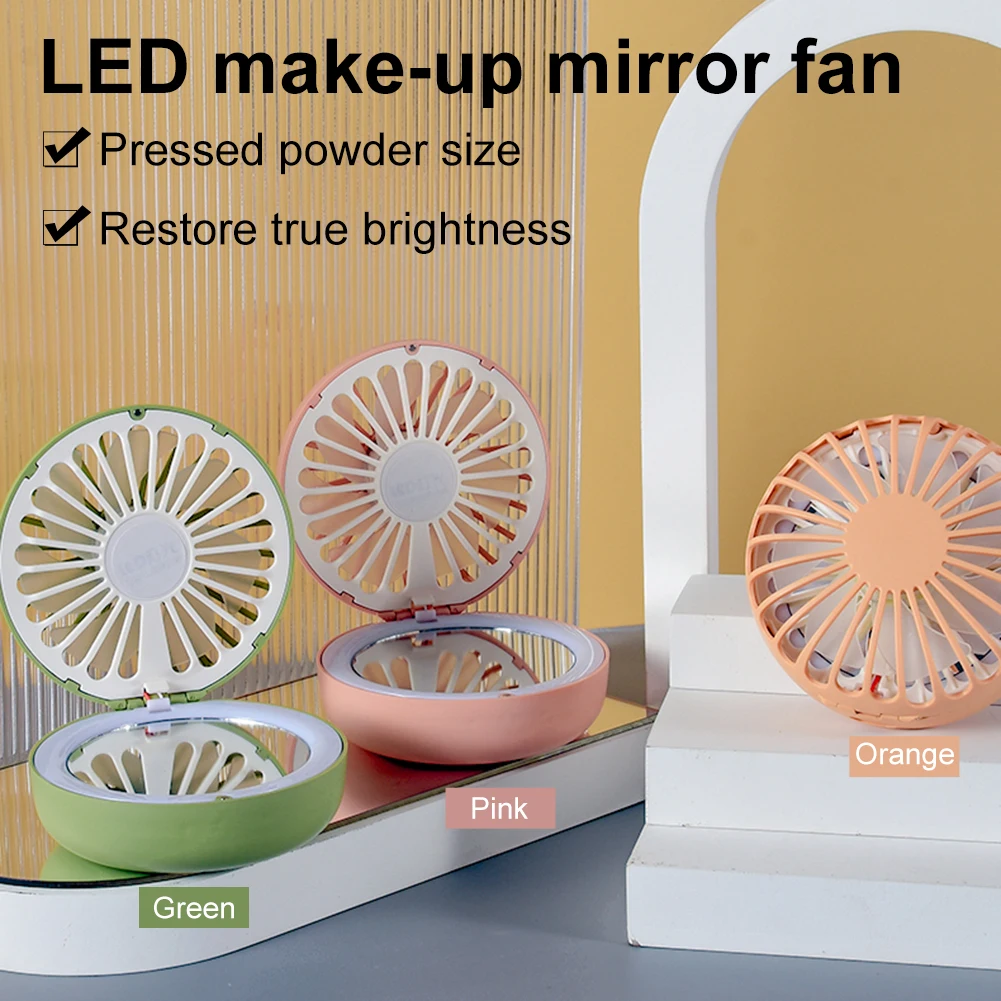 

Folding Beauty Mirror with LED Light Fan 2-in-1 Compact Portable Cosmetic Mirror with Battery Makeup Mirror for Purse and Travel