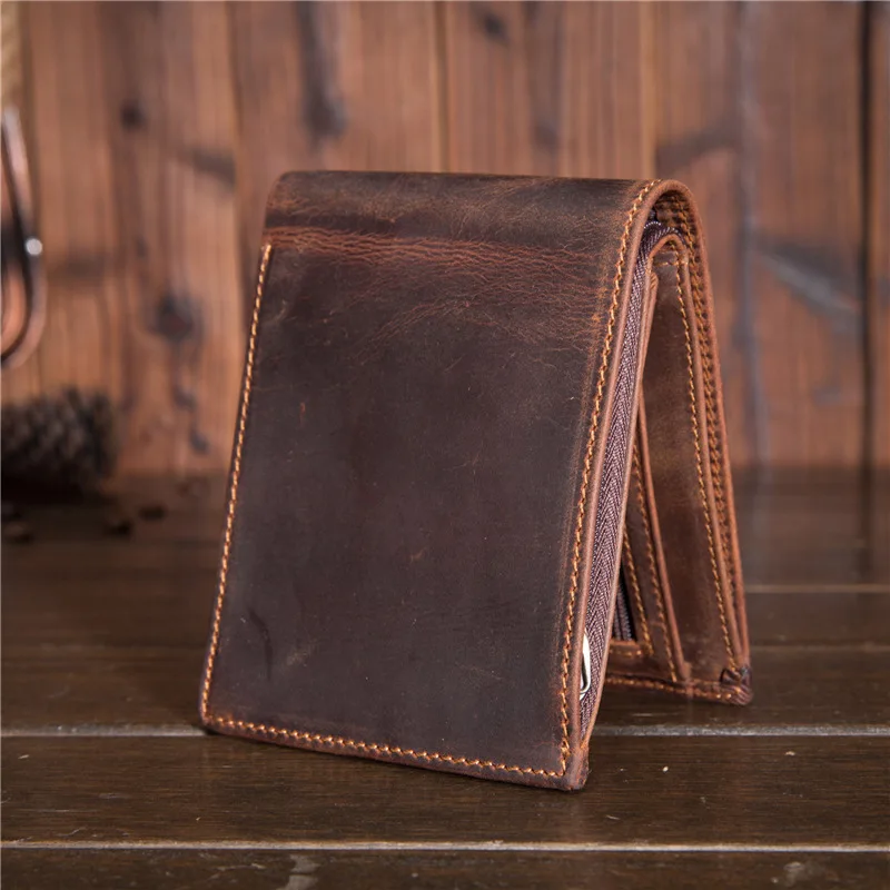 Vintage Genuine Cow Leather Crazy Horse Brown Short Cash Card Zipper Coin Pocket Photo Mens Wallets Purse
