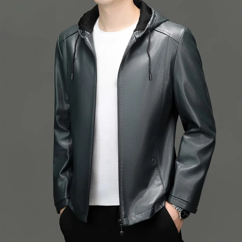 Мужское кожаное пальто Дятел новинка осени 2024 свободный капюшон мотоциклетная