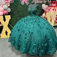gorgeous emerald green sequins quinceanera dresses 3d flowers off the shoulder crystal beading lace long princess ball gown
