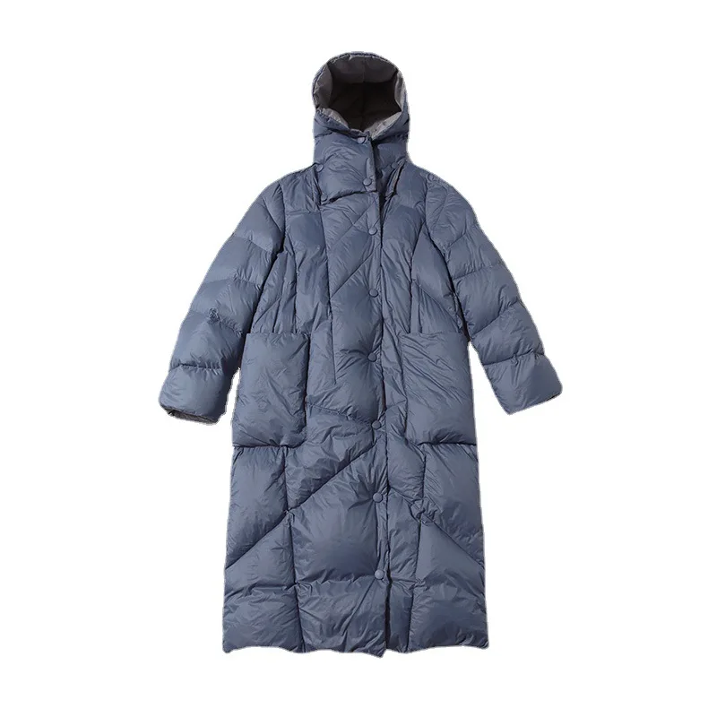 Down jacket women's mid-length autumn and winter hooded thickened fashion loose blue coat