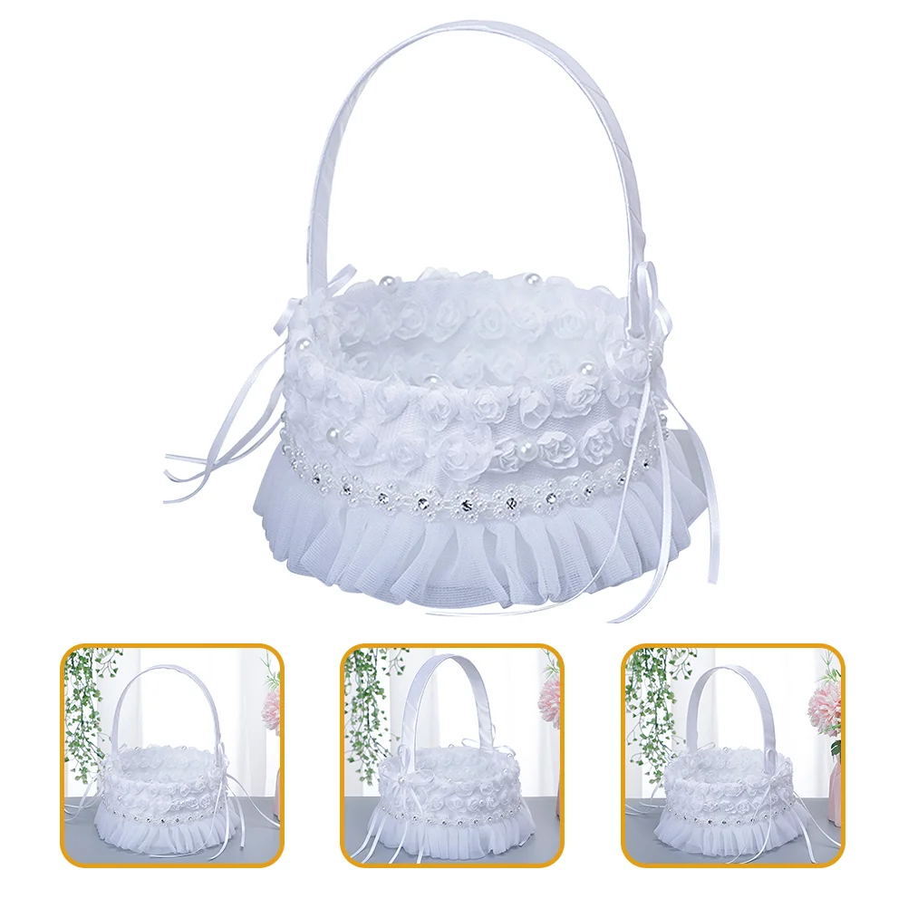 

Basket Flower Wedding Girl Baskets Decoration Satin Gift Children Welcome Stuffers Rhinestone Arrangement Pearl Cute Carry