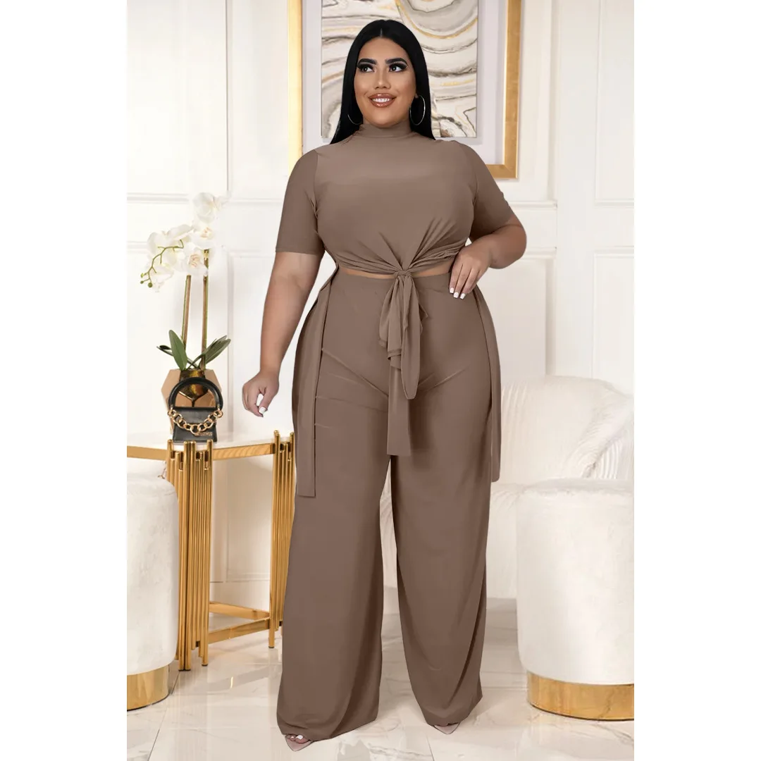 

Plus Size Matching Set Plus Size Women's Clothing Set of Two Pieces Winter Woman 2022 Solid O-Neck Elastic Waist Lace Up Slim