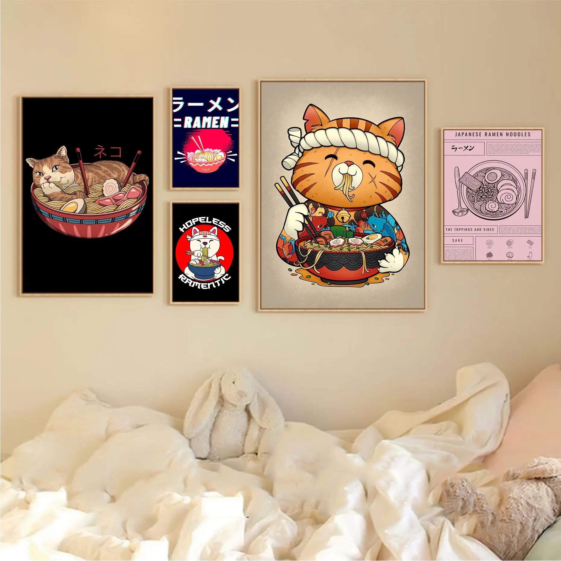 Japanese Foods Ramen Cats Movie Sticky Posters Fancy Wall Sticker For Living Room Bar Decoration Room Wall Decor