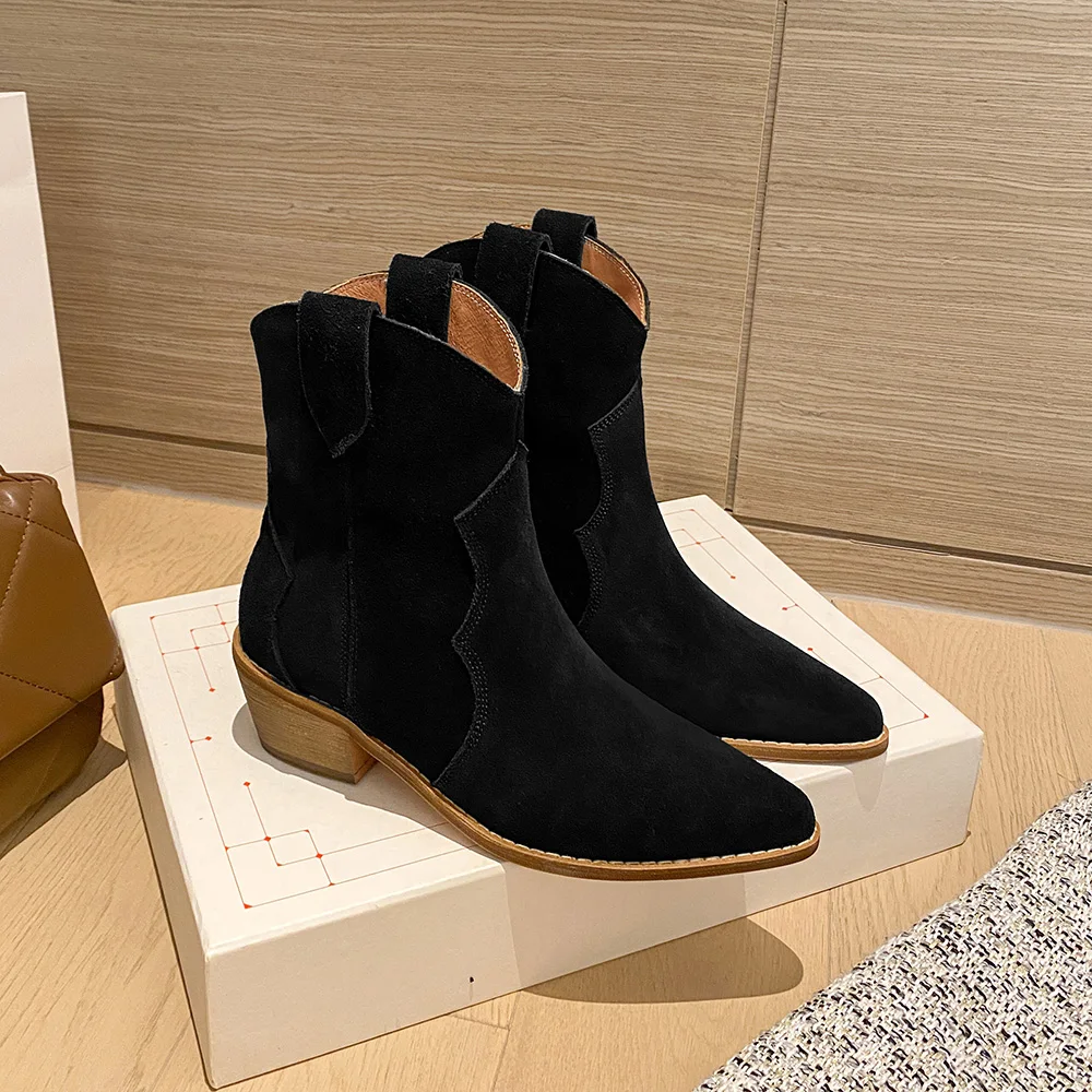

2022 Western Boots for Women Cow Suede Pointed Toe Wedge Boots Med Heel Ankle Boots Simple Casual Cowboy Boots Female Shoes