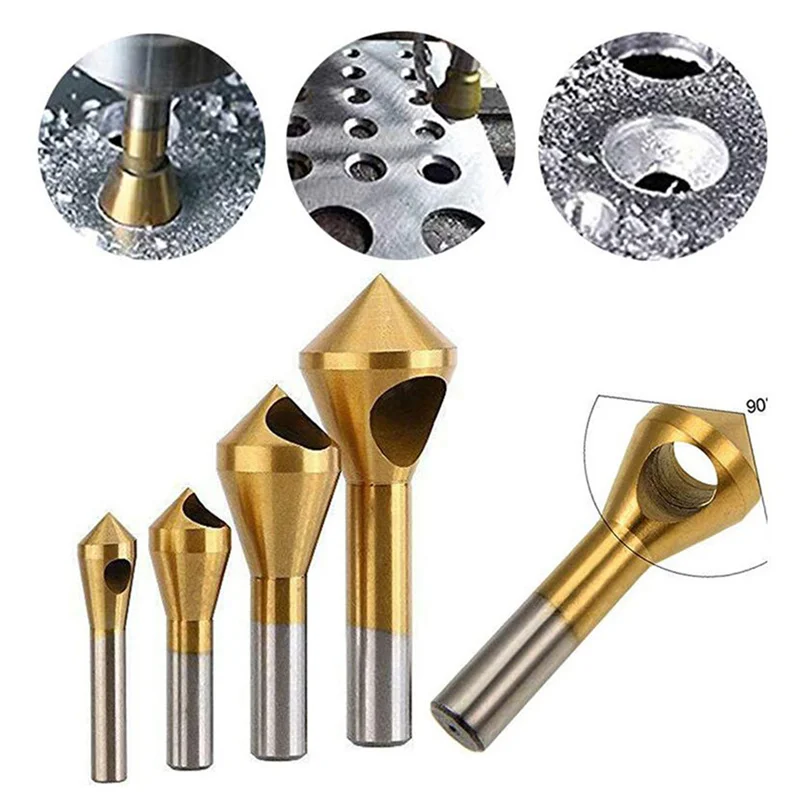 

4pcs Oblique Hole Chamfer 90 Degree Single Hole Deburring Round Shank Countersink Drill Bit Titanium Coated Countersink Bit Set