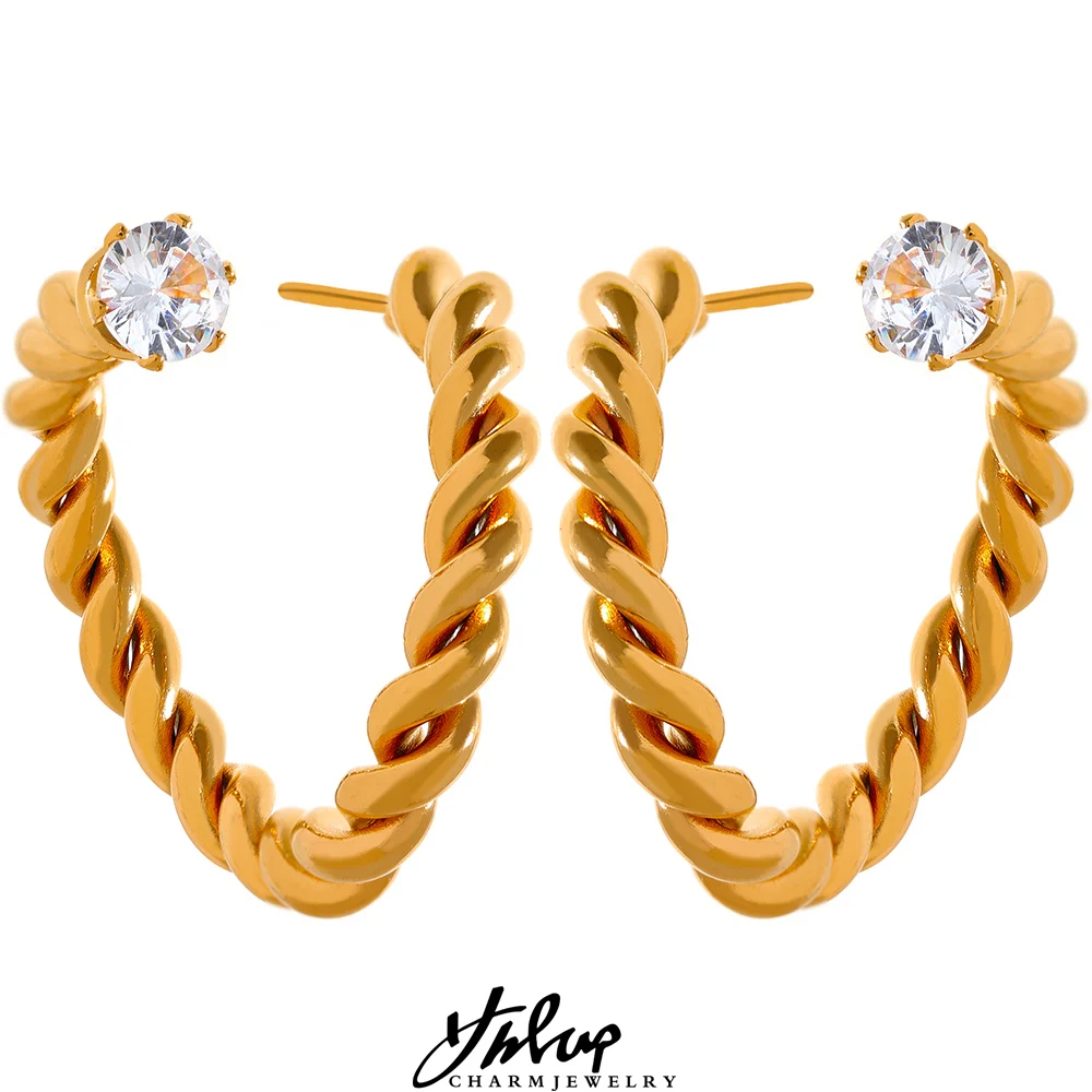 

Модные циркониевые креативные серьги Yhpup из нержавеющей стали золотого цвета, металлические витые очаровательные ювелирные изделия с покр...