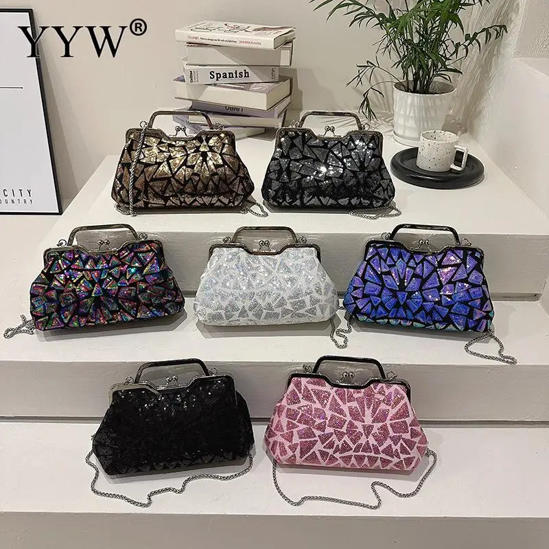 INS Colorful Sequins Women Handbag Gradient Geometric Clutch Bag Fashion Ladies Metal Chain Crossbody Shoulder Clip Buckle Purse