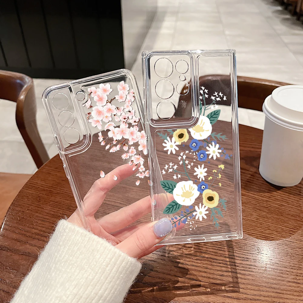

Cartoon Flowers Bloom Phone Case For Samsung Galaxy S21 FE S22 Plus Cases For Galaxy S23 Ultra S22Ultra Transparent Soft Cover