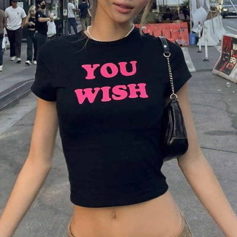

2022 Summer Letter Graphic T Shirts Women Kawaii Crop Tops Fashion Fairy Cute O Neck Short Sleeve Baby Y2K Clothes