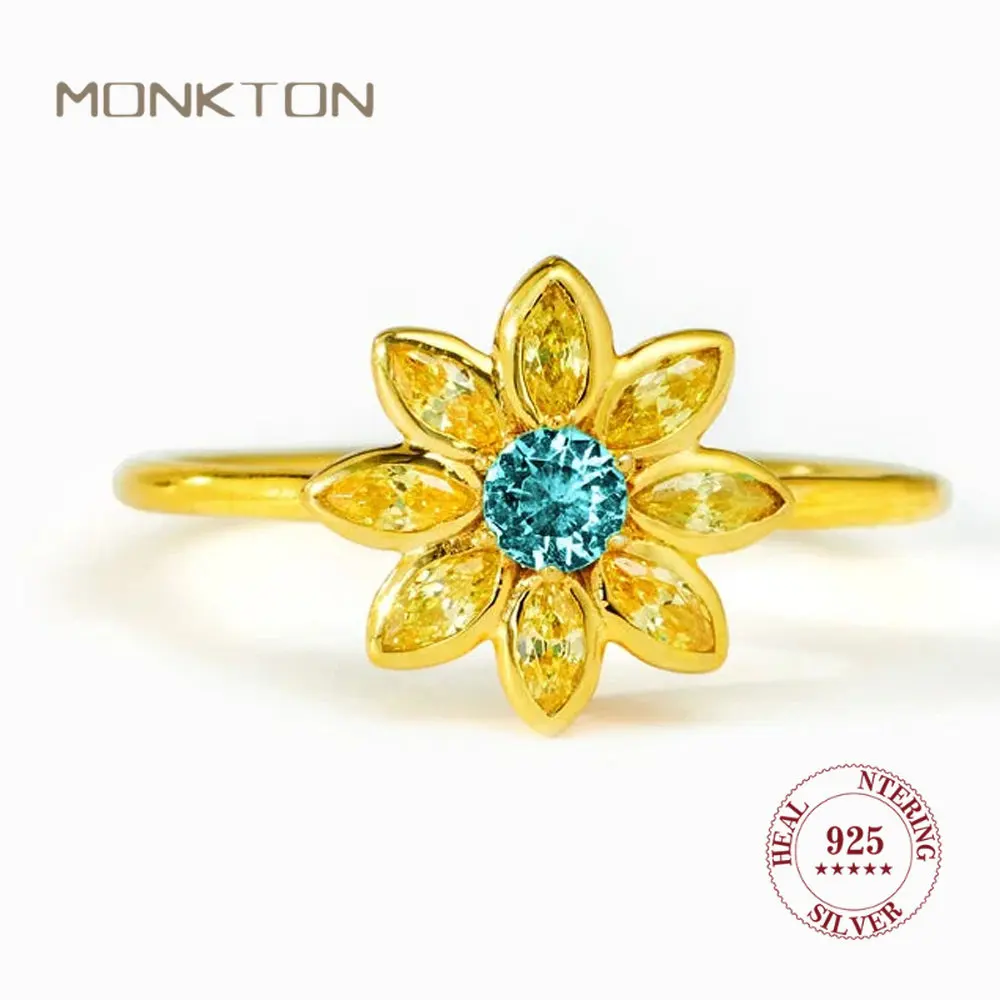 

Monkton S925 Sterling Silver Sun Rings for Women Luxury Gold Flower Wedding Ring Fine Jewelry Female Birthday Gift