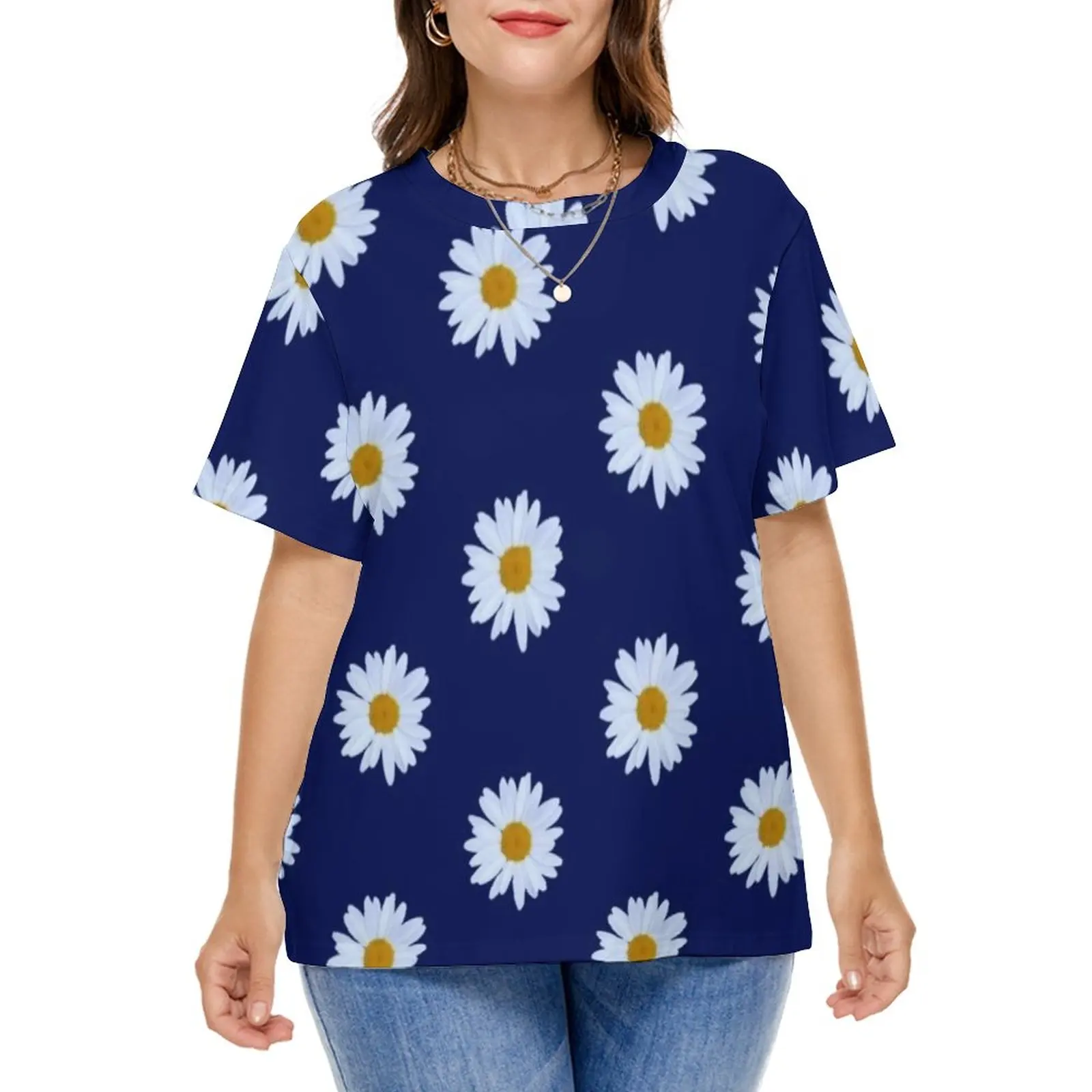 White Daisies T Shirts Daisy Delight Floral Print Basic T Shirt Summer Short Sleeve Retro Tee Shirt Plus Size 8XL Birthday Gift