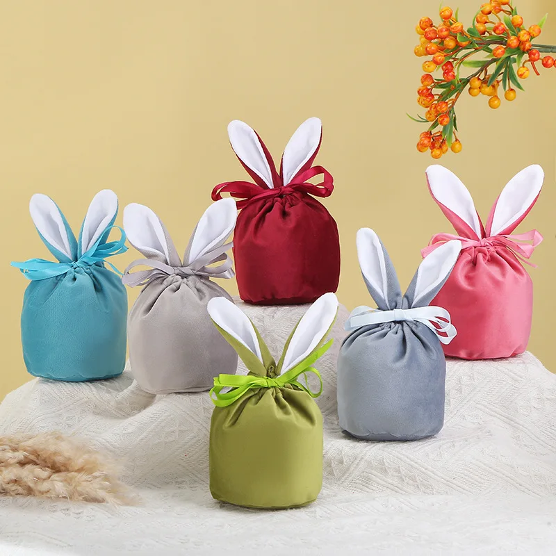 

10Pcs/lot Easter Bunny Rabbit Bags Ears Velvet Bag Gift Box Sugar Box Wedding Candy Box Creative Cute Easter Decor Mixed Colour