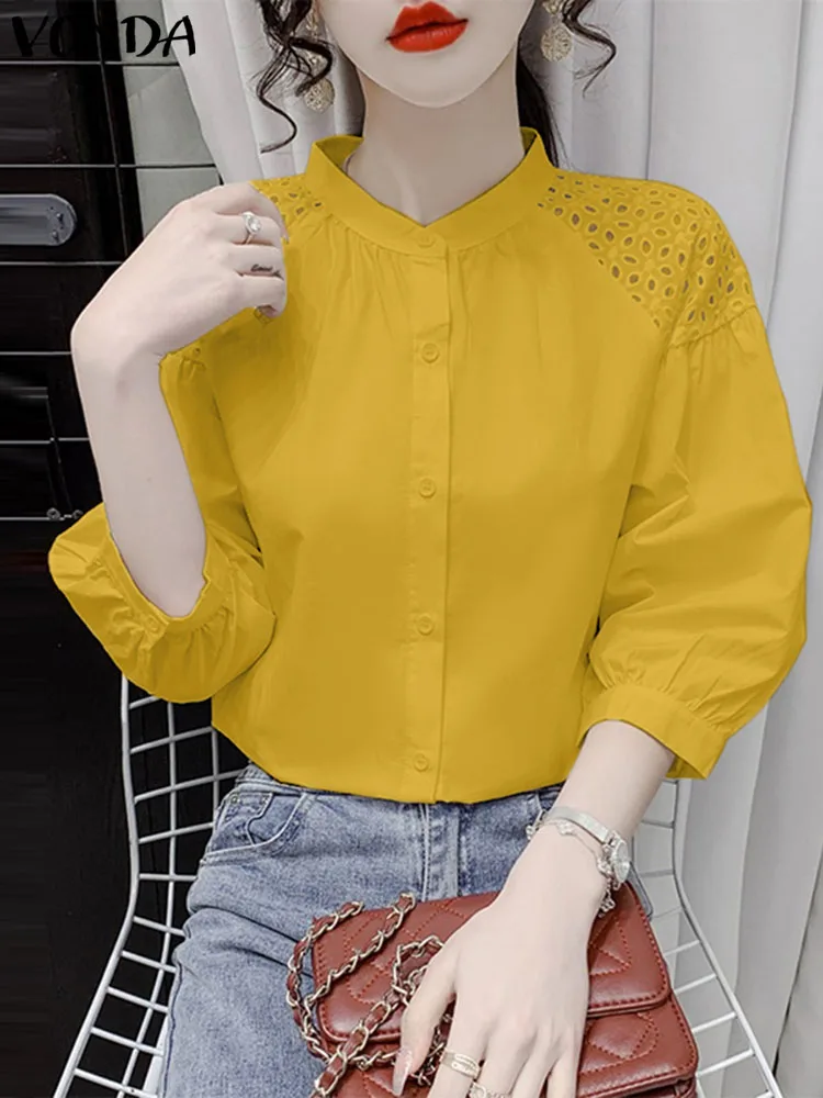 

VONDA 2023 Button Shirts Women Shirt Summer Blusas Three Quarter Puff Sleeve Hollow Out Tops Tee Solid Tunic OL Work Oversized