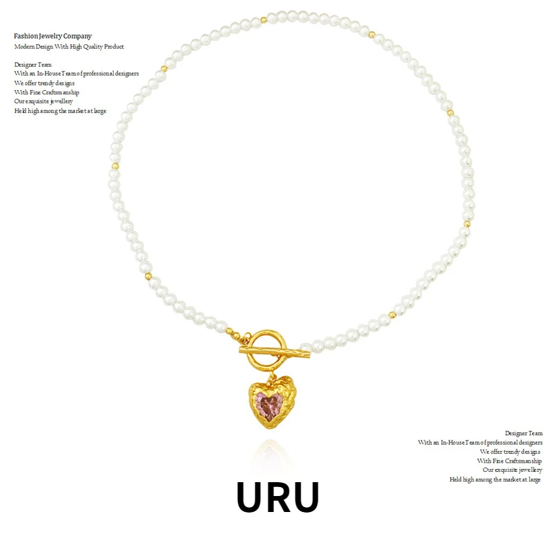 

Trendy Jewelry Small Simulated Pearl Necklace Sweet Temperament Elegant Pink Heart Zircon Pendant Necklace For Women Gift