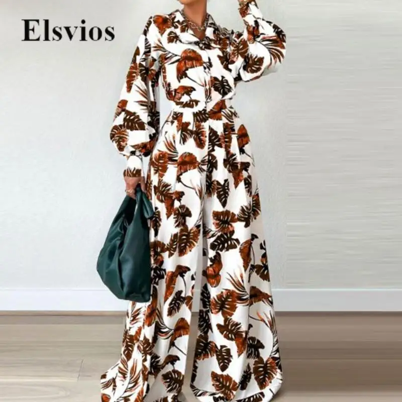 

Повседневный свободный комплект из двух предметов, модная блузка с длинным рукавом и принтом листьев, женская рубашка, весенне-летние широкие брюки с высокой талией