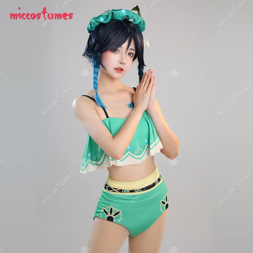 

Women's Venti Two-Piece Swimsuit Green Prints Bathing Suit Ruffle Falbala Top and High Waist Style Panty Swimwear