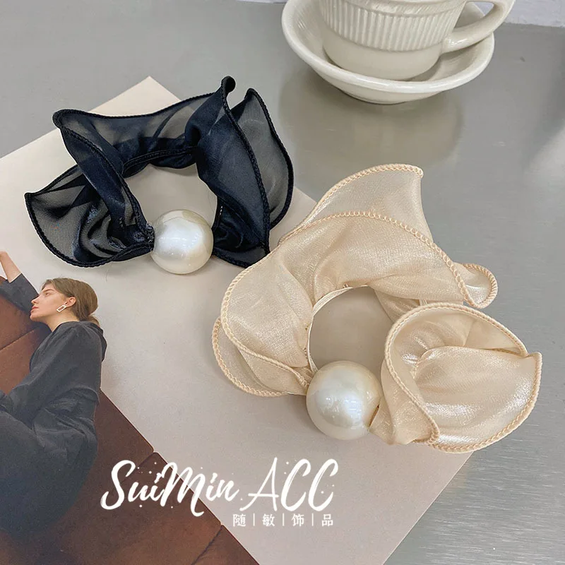 

Модные аксессуары для волос в Корейском стиле, шифоновое украшение для волос с большим жемчугом, оборками, ободок для волос, ободок для воло...